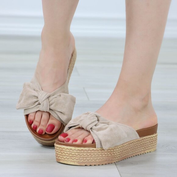 Suede Nude Bow Comfort Platform Sandal Slip On Sliders - Picture 1 of 14